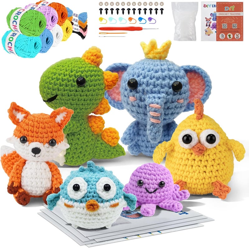 Allaugh Crochet Kit for Beginners Kids: 6pcs Cute Animal Crochet Set Knitting Gift for 8-12 Year Old - Easy to Learn with Step-by-Step Video Tutorials Hook Yarn for Crocheting - DIY Birthday Presents - Image 1